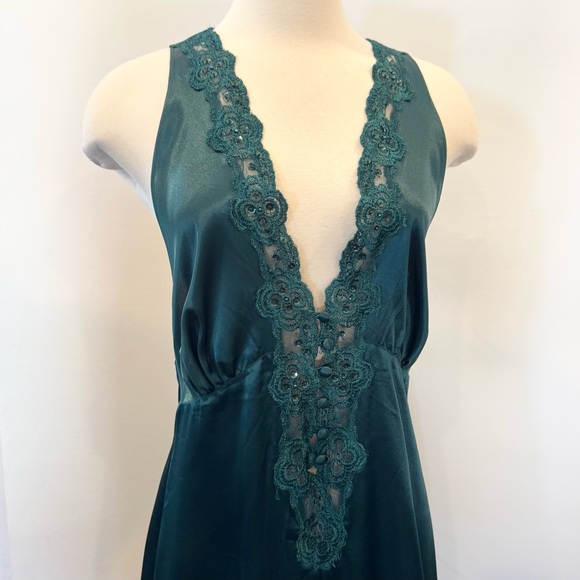 90s Victoria’s Secret Silky Satin Emerald Green Vintage Maxi Gown Slip Dress L - Picture 2 of 8